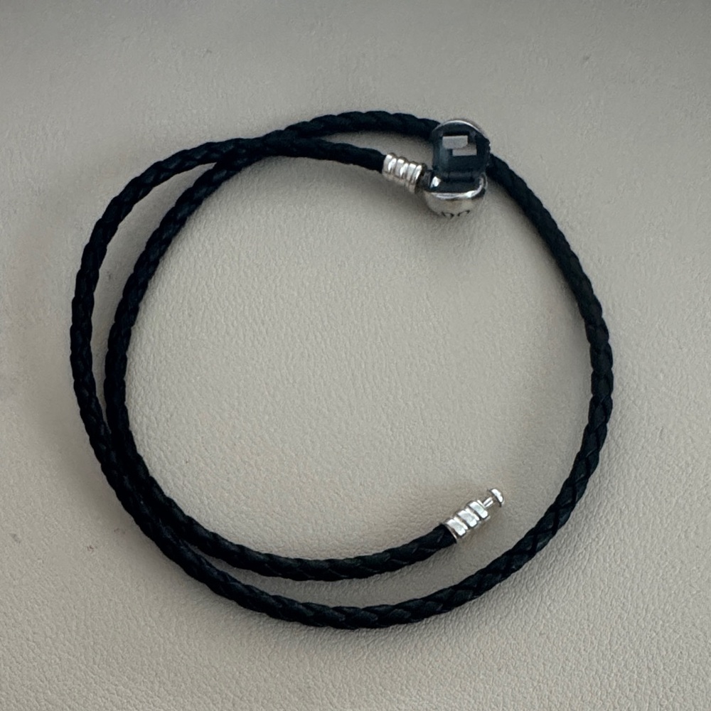 Pandora Black Braided Leather Double wrap‎ Bracelet with Silver Accents